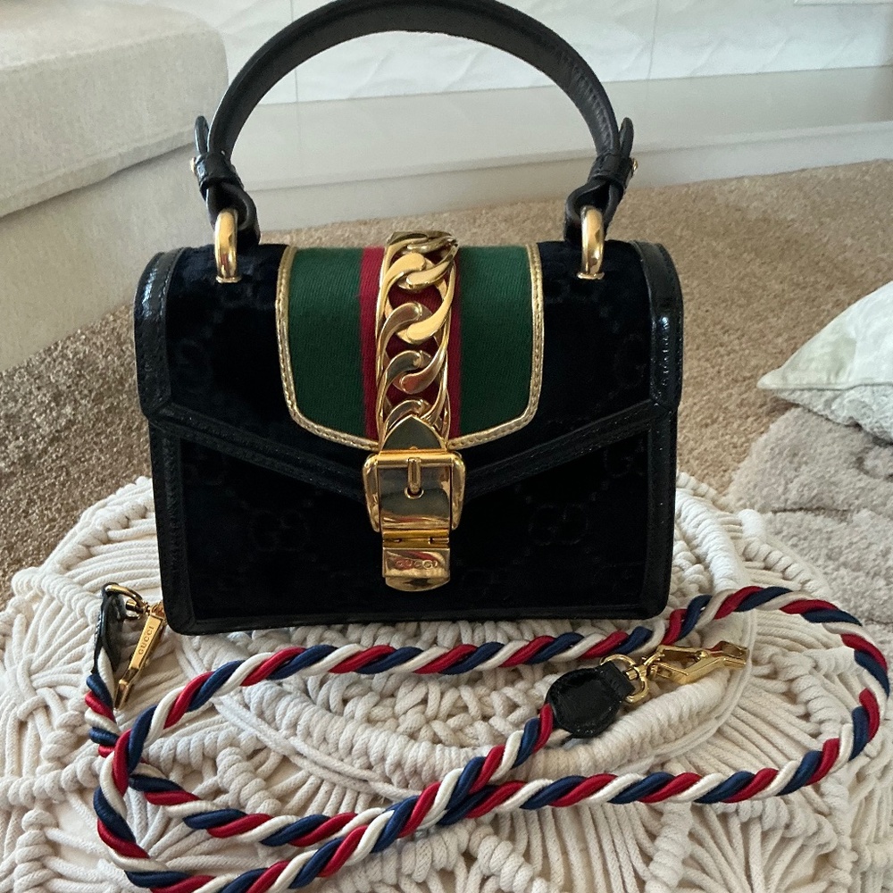 Gucci Sylvie  Velvet GG Monogramed  Handbag Small